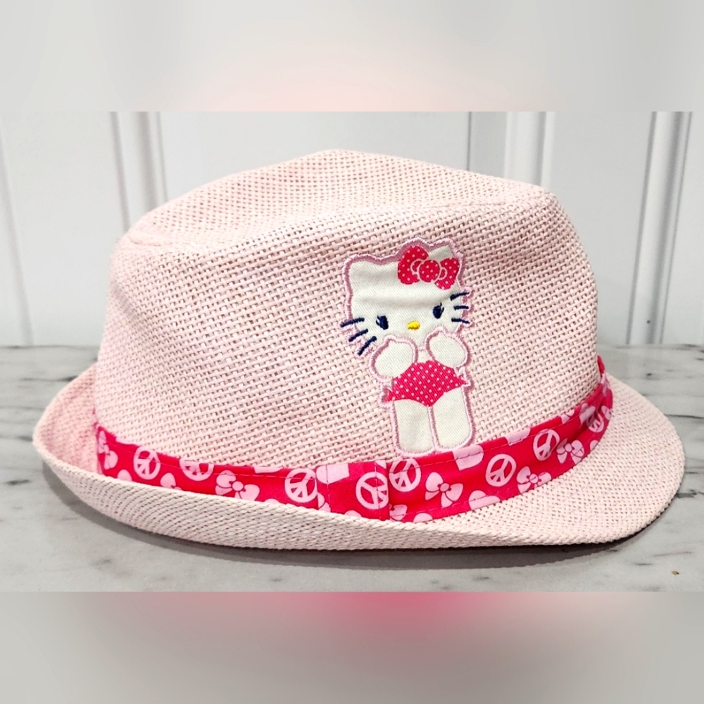 Sanrio Hello Kitty fedora hat pink - peace symbol, hearts, bows - Youth